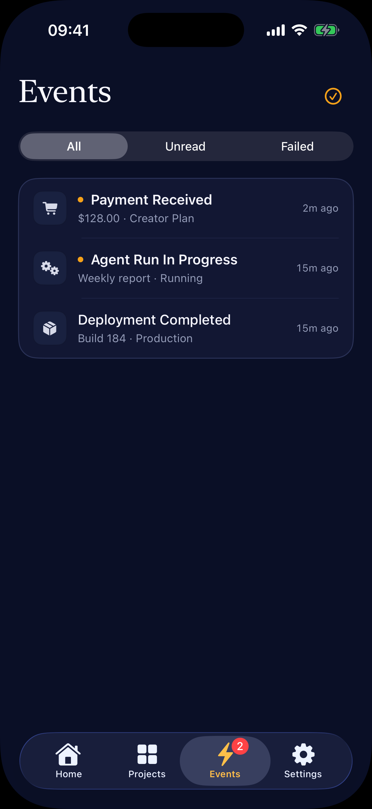Bellwire dark Events inbox showing payments and Agent runs