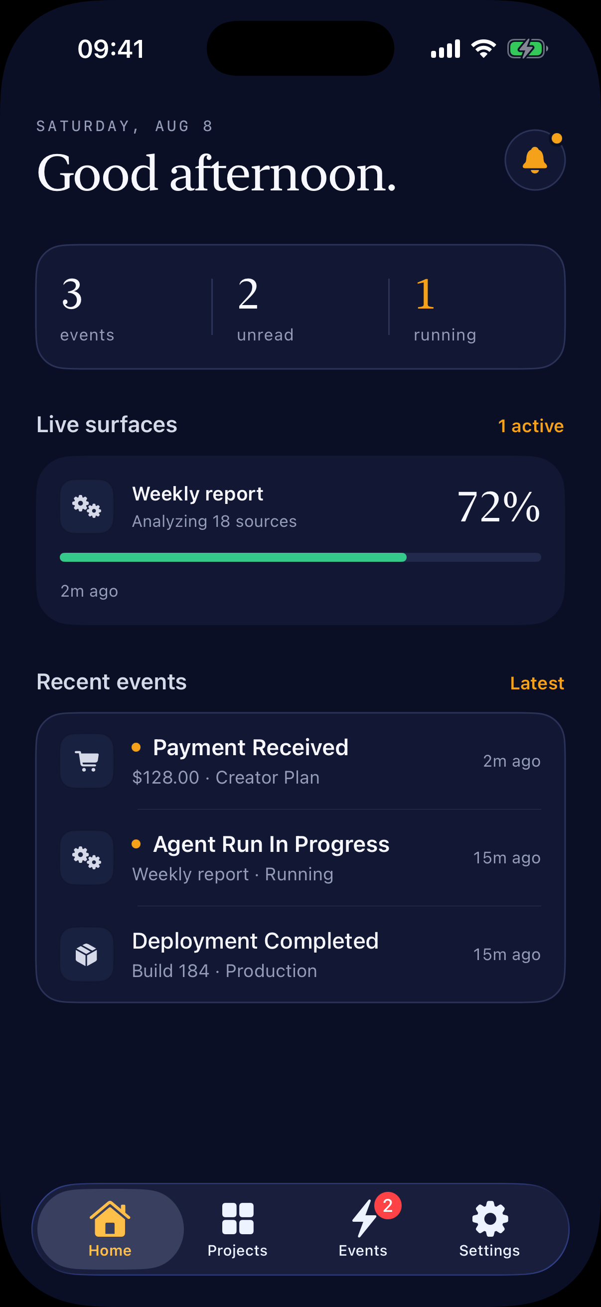 Bellwire dark Home screen showing live project status and recent events